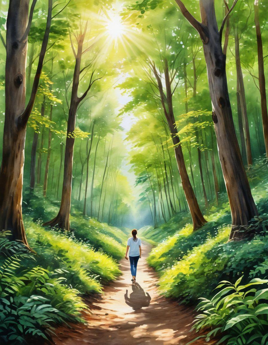 A serene winding path through a lush green forest, symbolizing a journey of hope and resilience. Along the path, we see diverse individuals holding hands, representing patient advocates and cancer survivors, each radiating strength and support. Soft rays of sunlight filter through the trees, illuminating their faces with warmth and determination. In the background, a majestic mountain symbolizes the challenges overcome in the fight against cancer. watercolor painting, vibrant colors.