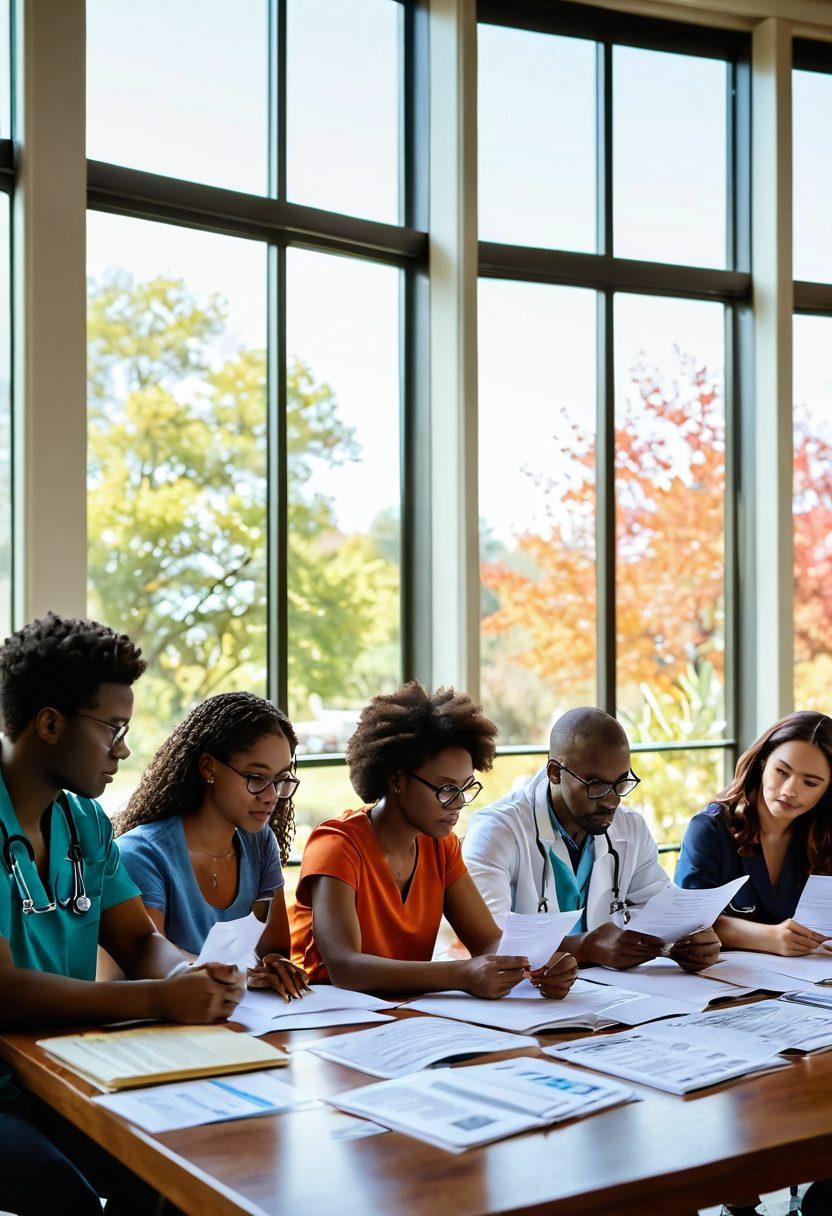A bright and inspiring scene showcasing a diverse group of individuals engaged in a collaborative discussion around a table filled with medical pamphlets, research papers, and laptops. The background features a warm and inviting library, symbolizing knowledge and empowerment, with sunlight streaming through large windows. Include elements representing clinical trials, such as charts and graphs, set against a soothing color palette. vibrant colors. super-realistic.
